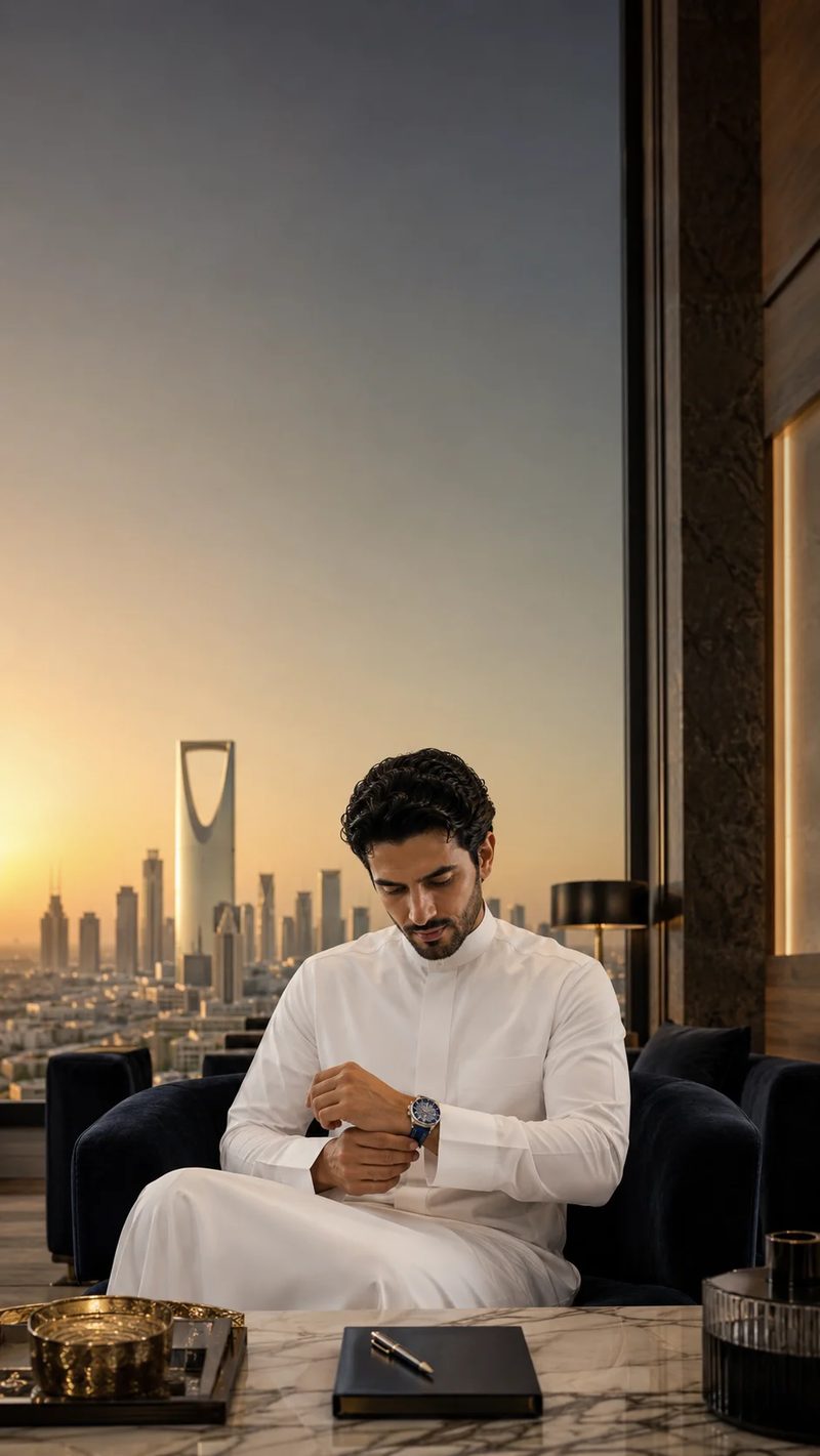 رجل بثوب أبيض يضبط ساعته أمام أفق الرياض وقت الغروب