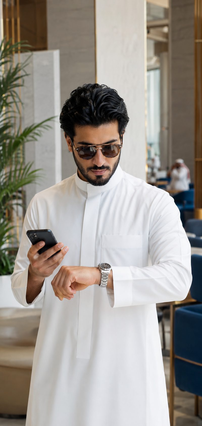 رجل بثوب أبيض ينظر إلى ساعته وفي يده هاتف