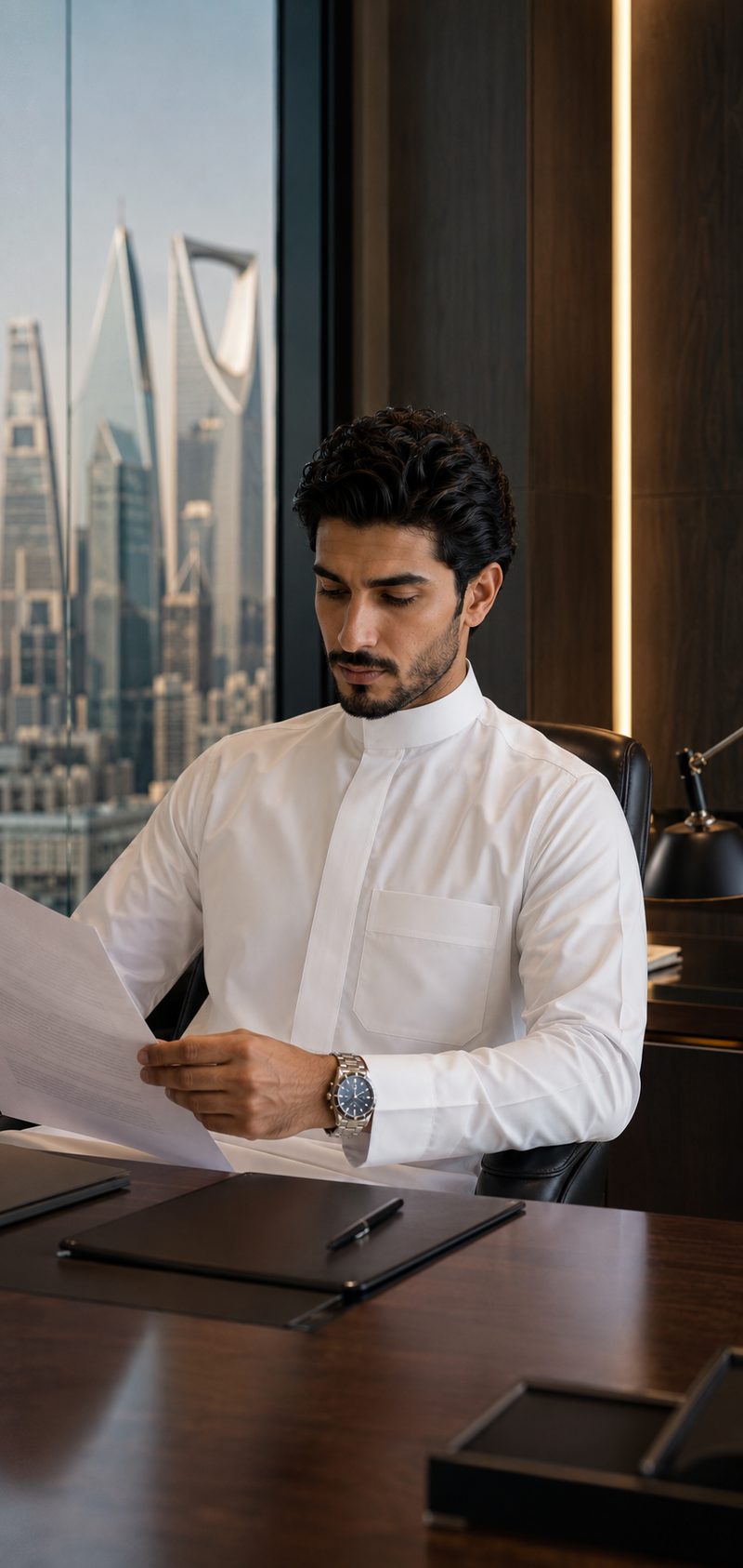 رجل بثوب أبيض يقرأ أوراقاً على مكتبه أمام أفق الرياض